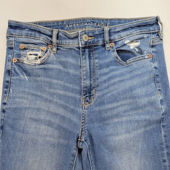 American Eagle Jeans Womens 4 Super High Rise Flare Raw Hem Stretch Ripped Denim - Picture 2 of 11